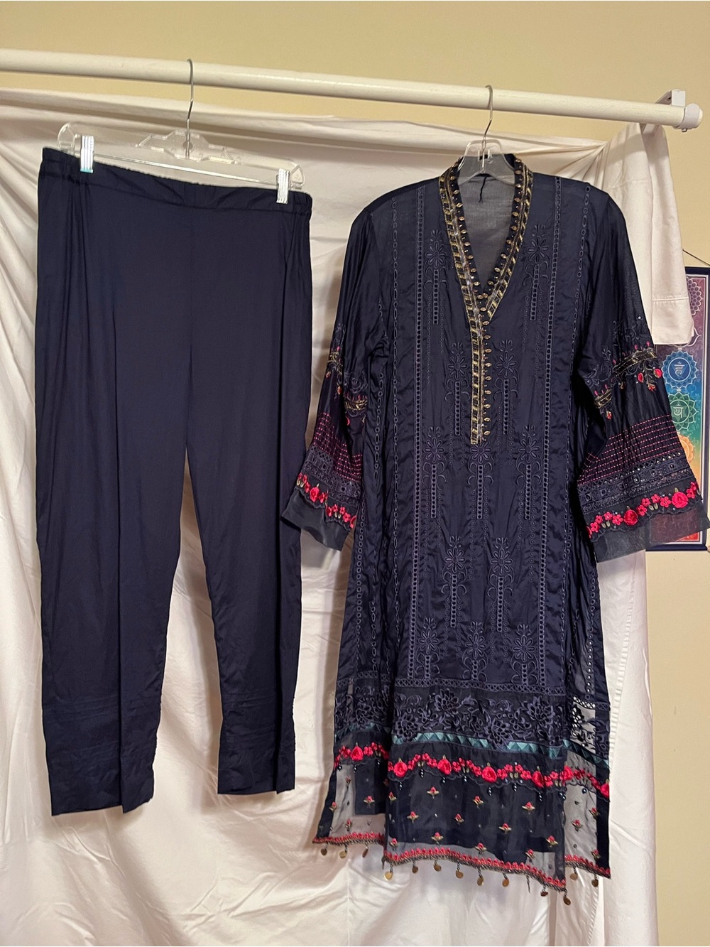 Women’s Navy Embroidered Tunic & Pants Set